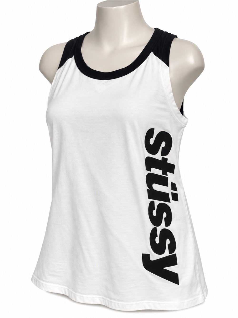 Stussy White Tank with Black Logo Trim